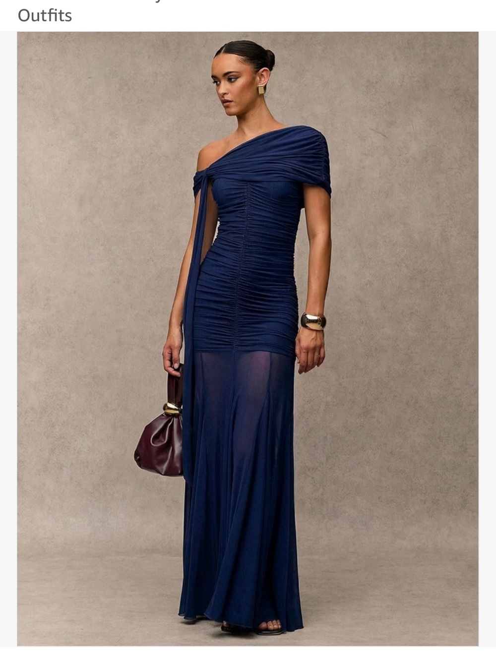 Navy One-Shoulder Ruched Maxi Dress